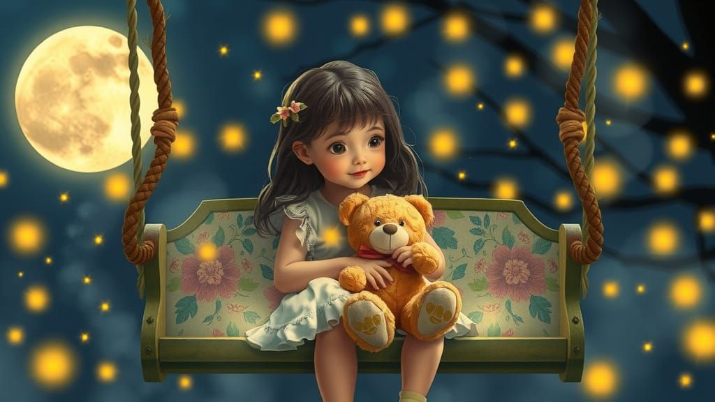 Dreamlike Girl on Floral Swing with Teddy Bear