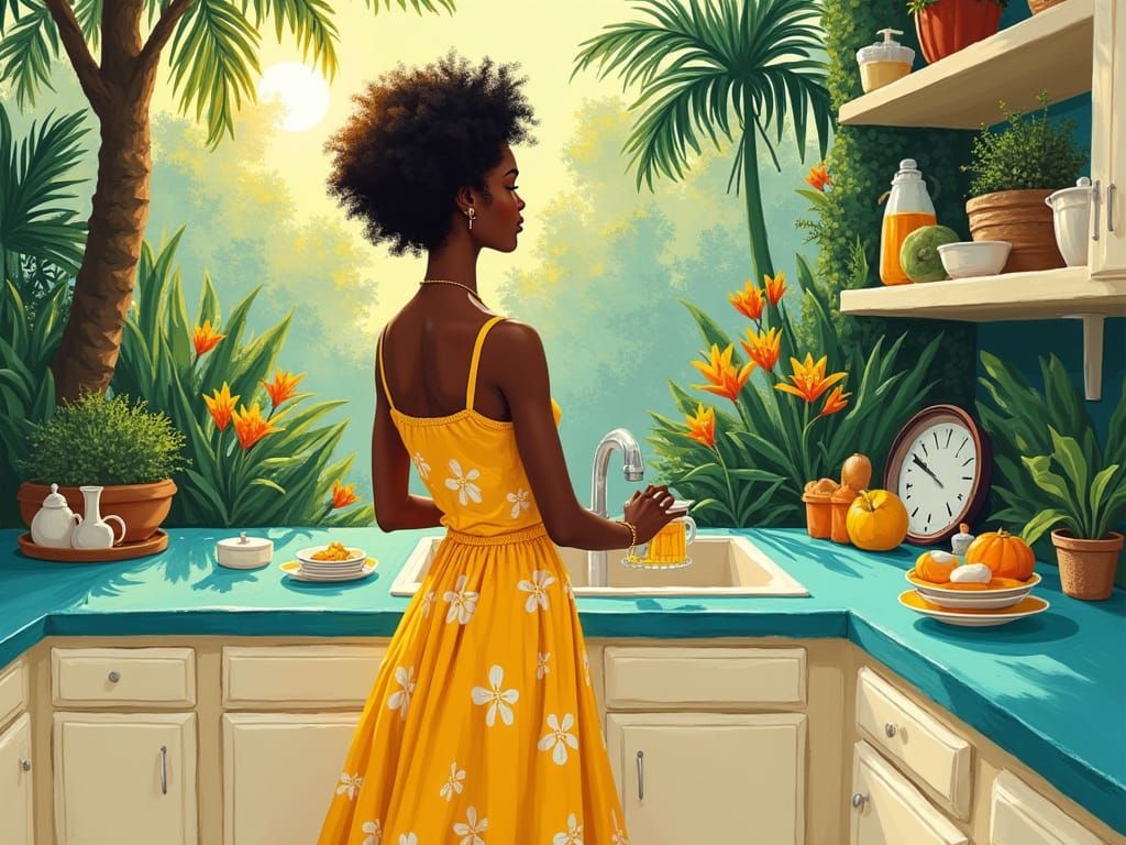 Surreal Woman in Yellow Sundress Basks in Jungle-Inspired Ki...