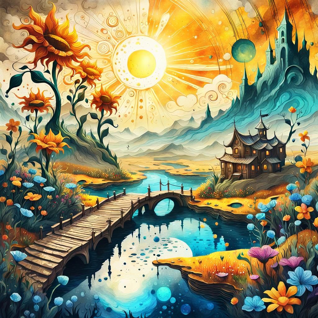 Surreal Fantasy Landscape in Ink Art Style