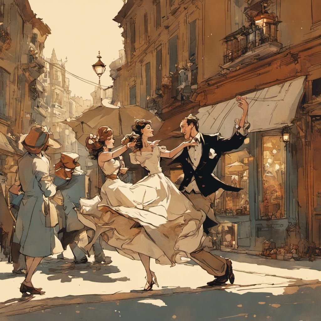 Couple Dancing in Street, Animated Style
