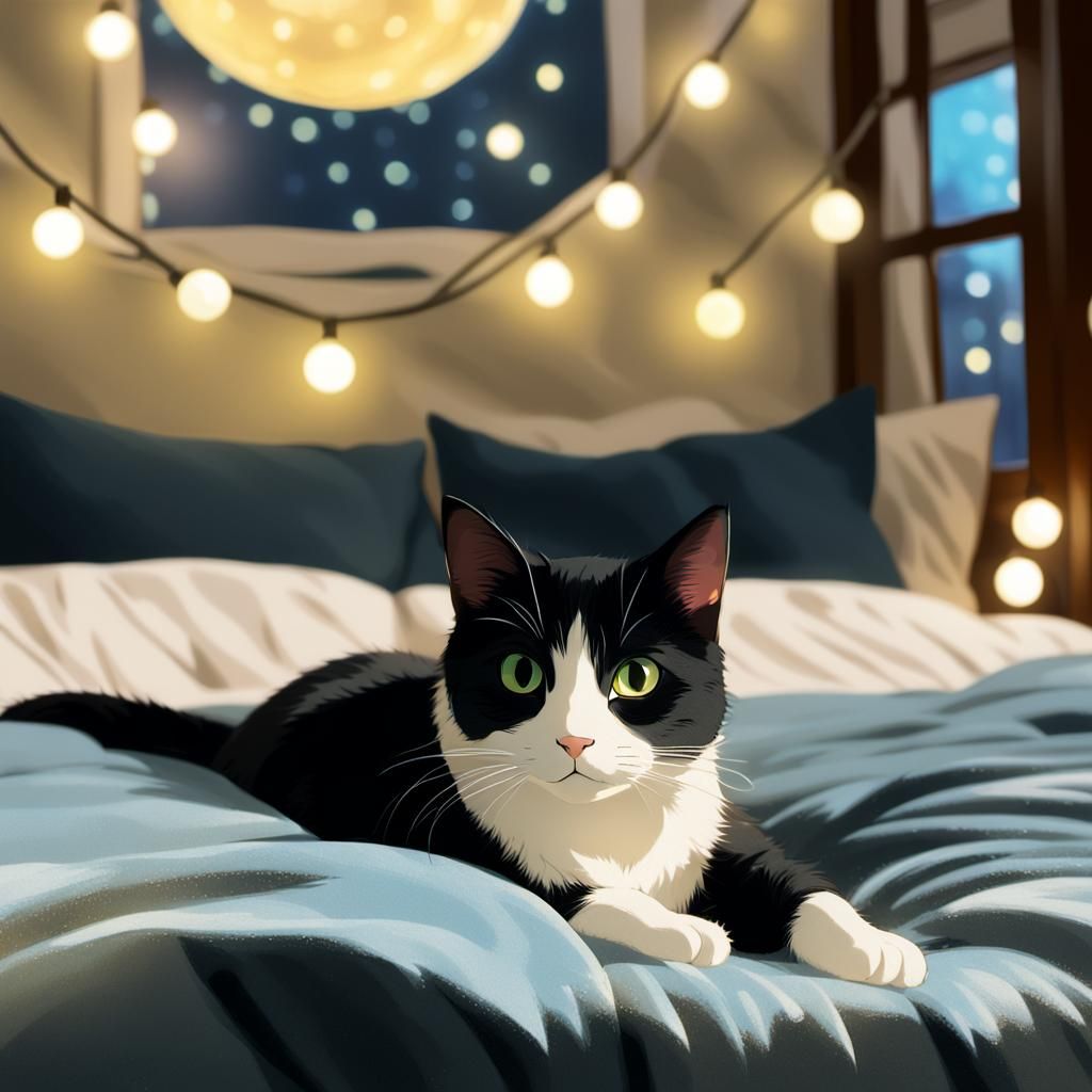 Tuxedo Cat in Ghibli Anime Nightscape