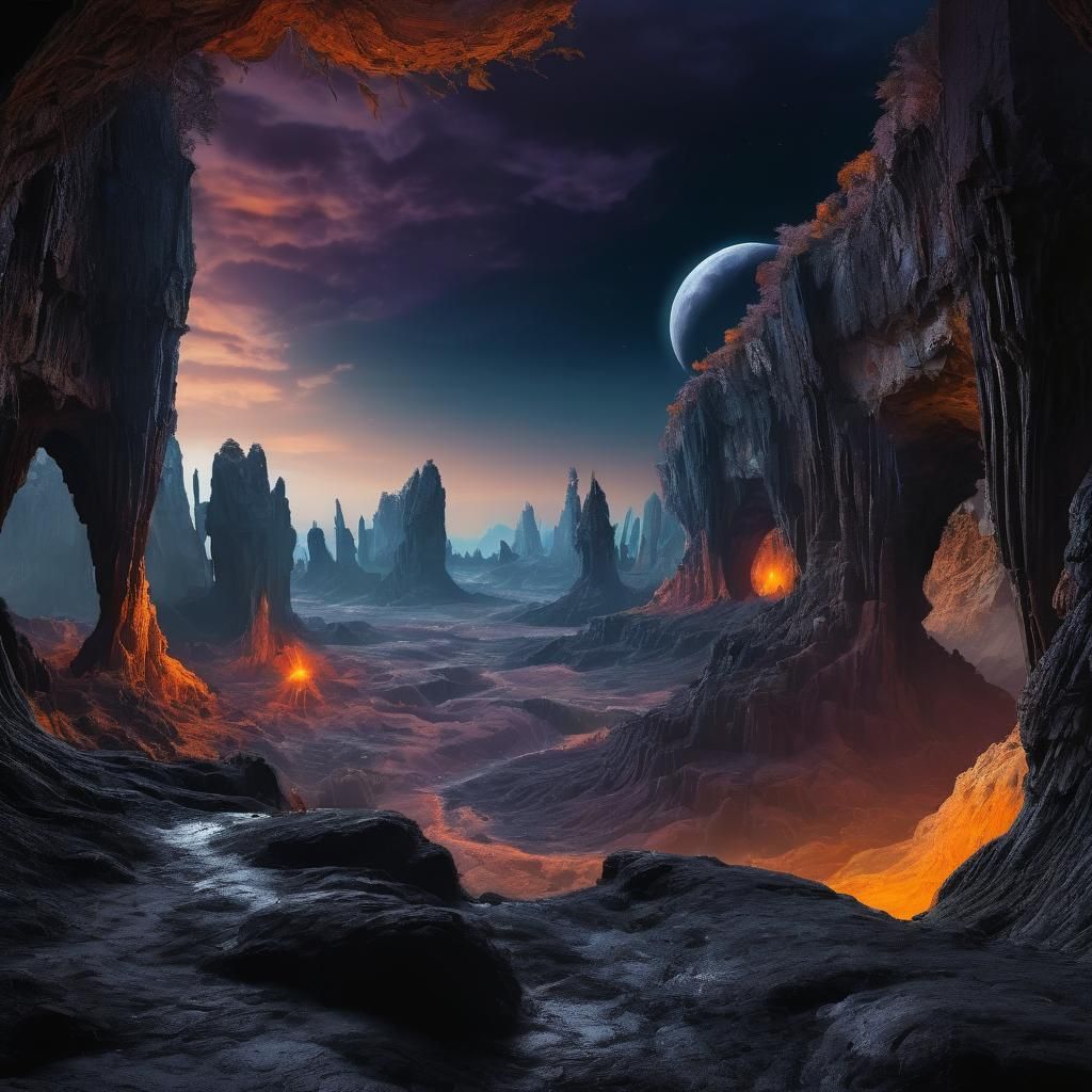 Colossal Abyss Under Black Moon: Fantasy Landscape