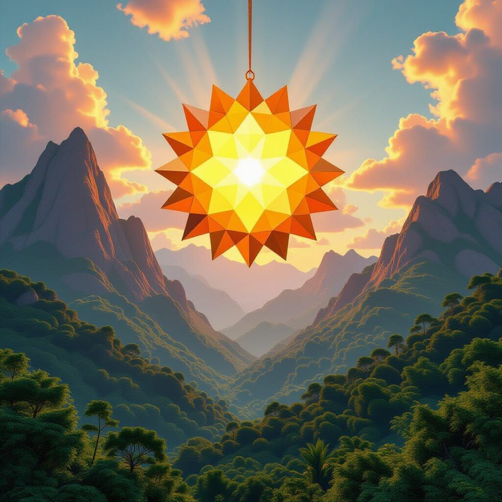 Majestic 3D Sun Over Mountain Forest Landscape