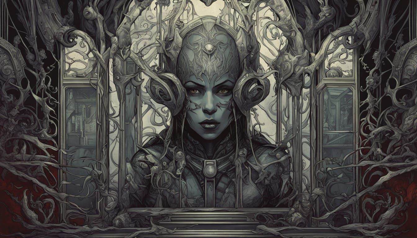 Cyberpunk Tarot Card in Art Nouveau Style with Dark, Dystopi...