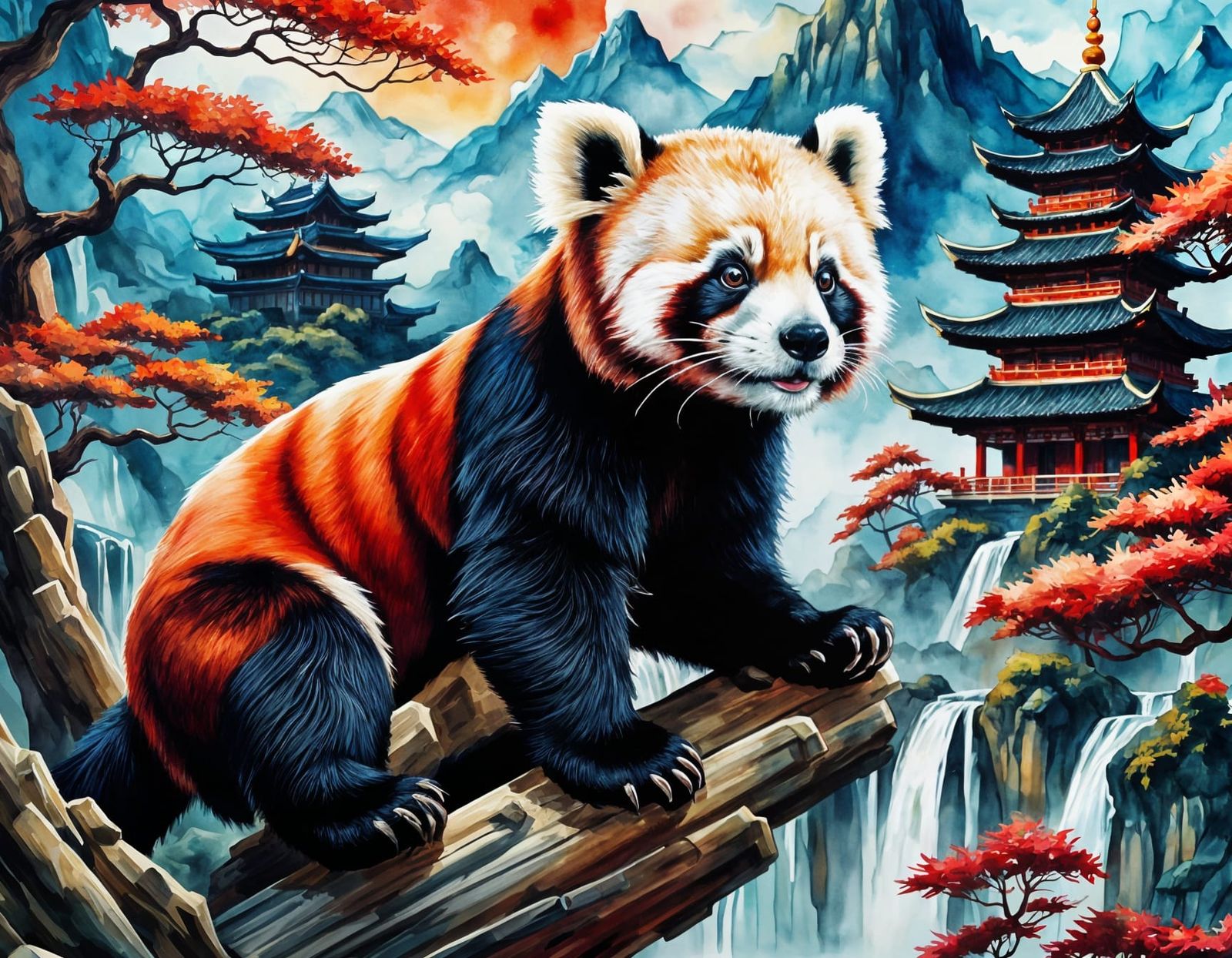 Red Panda in Asian Watercolor Landscape