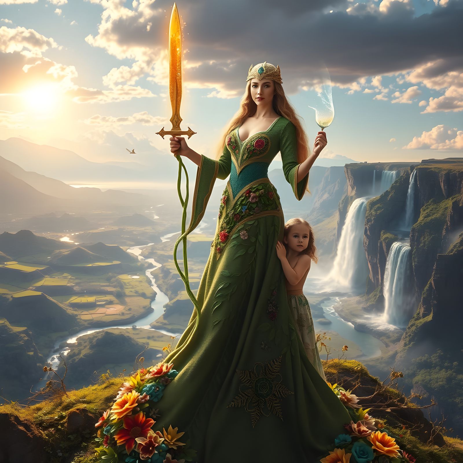 Mother Earth and Her Daughter in a Vibrant Lush Landscape