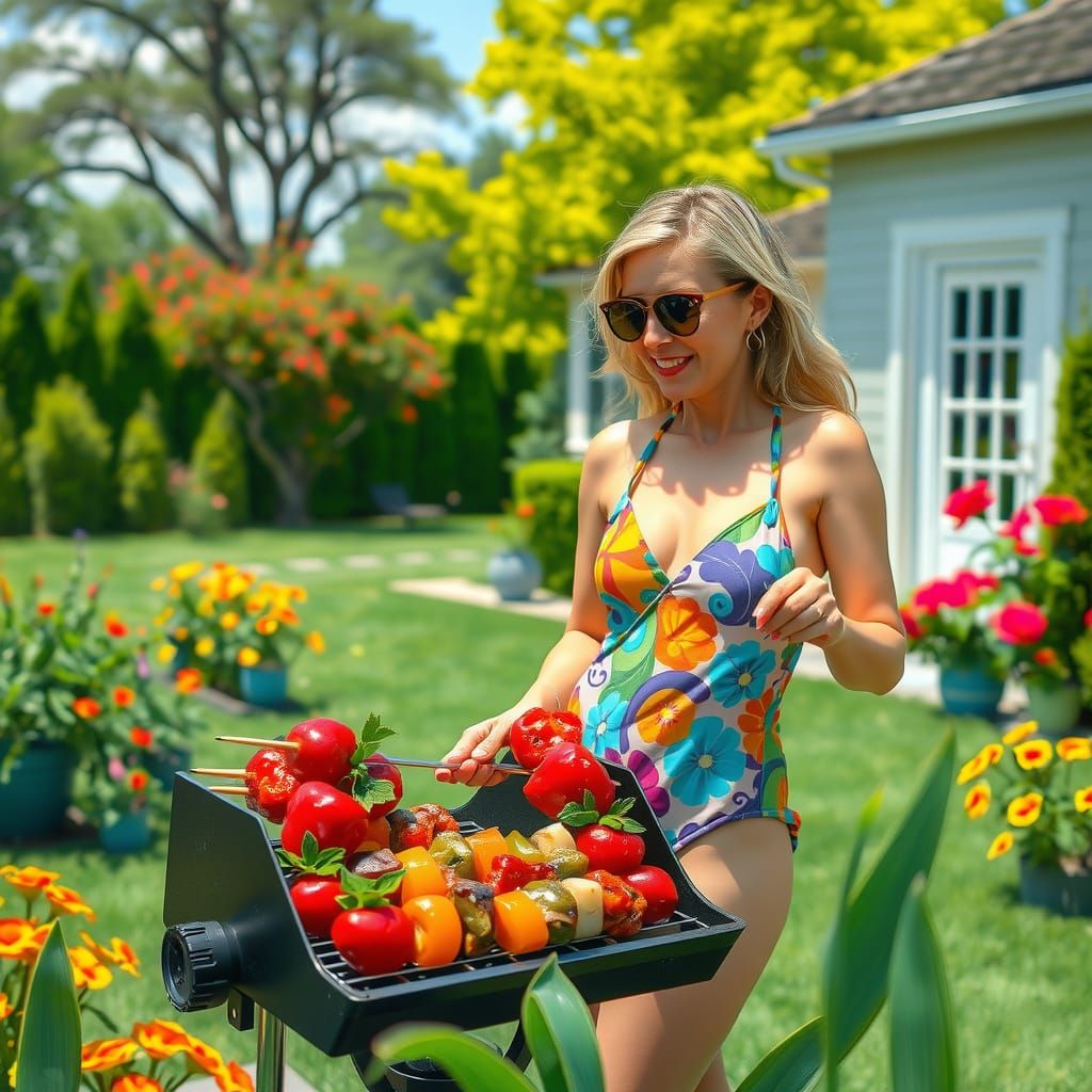 Woman Grilling Kebabs in Impressionistic Style