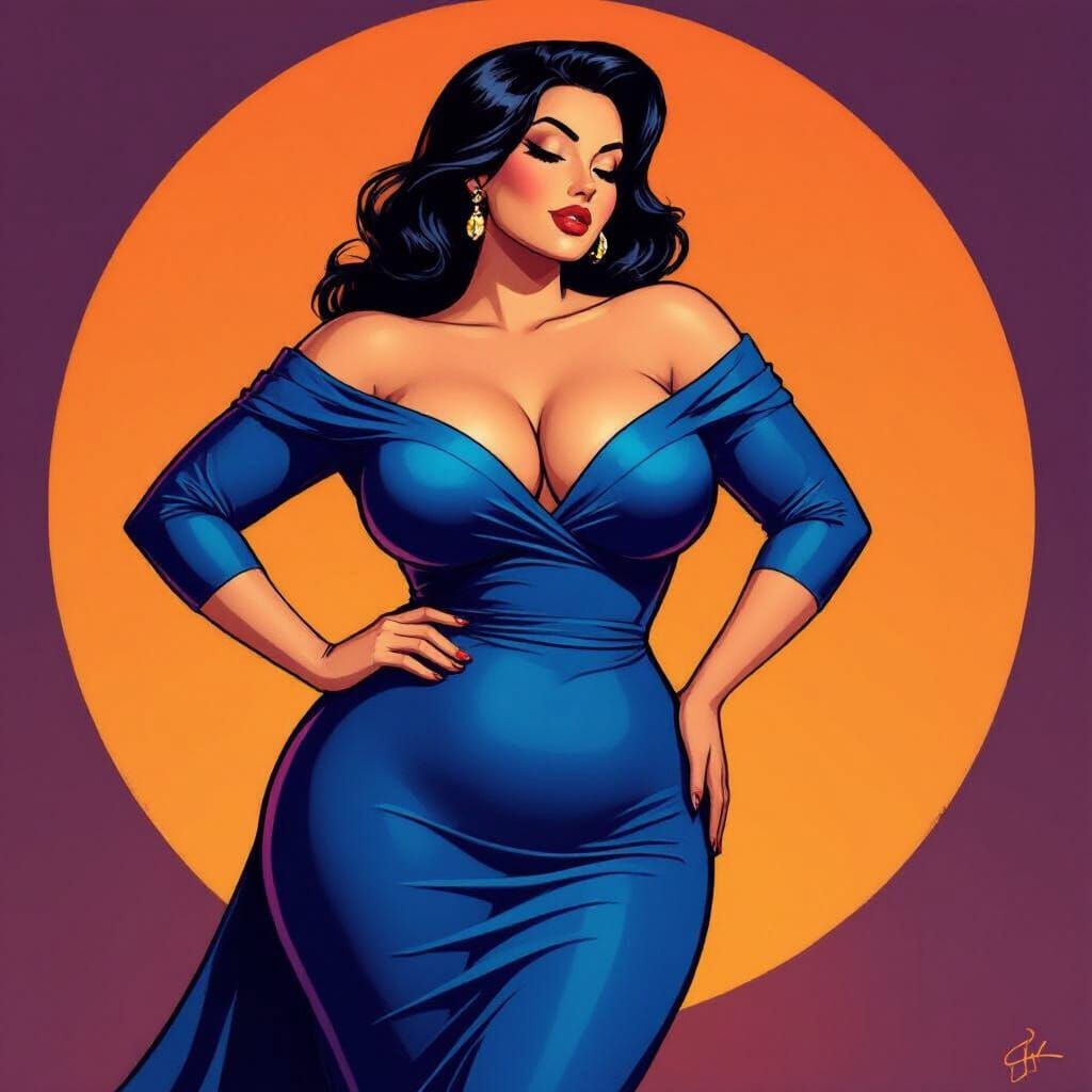 Stylized Woman in Vibrant Blue Dress
