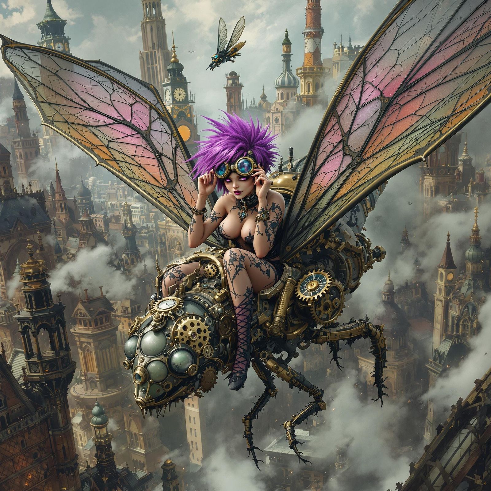 Gothic Steampunk Pixie Rides Mechanical Dragonfly