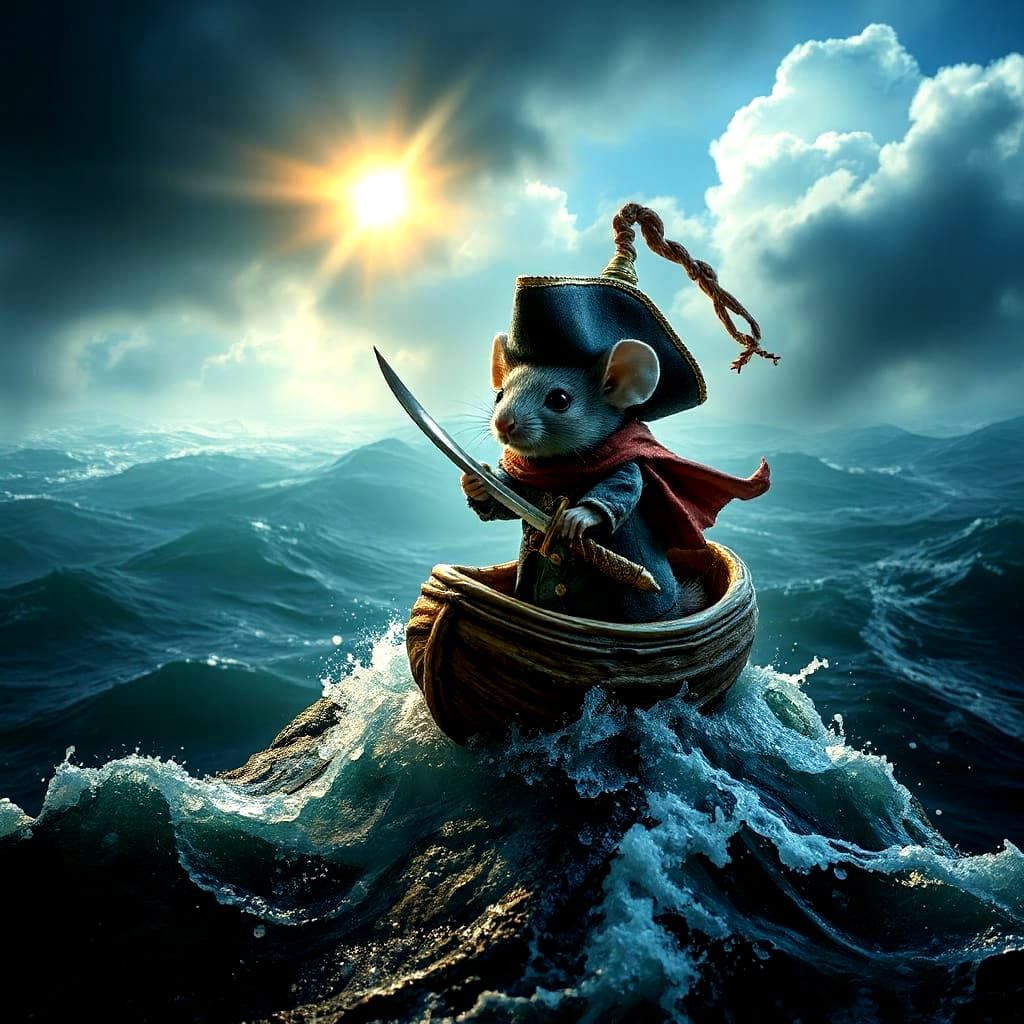 Mouse Pirate Sailing Stormy Seas in Shell