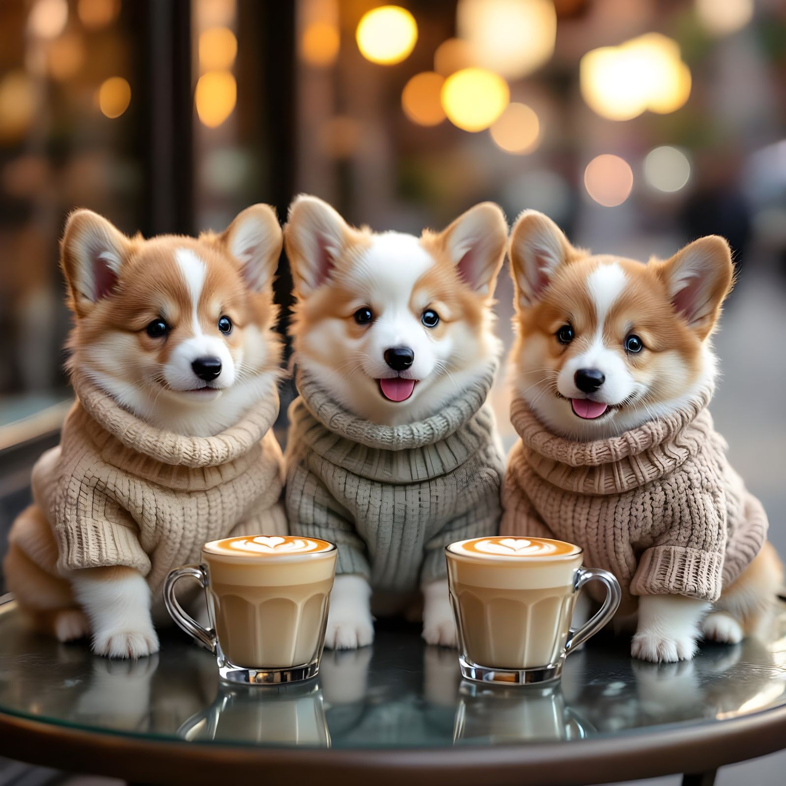 Corgi Puppies Enjoying Sunset Lattes