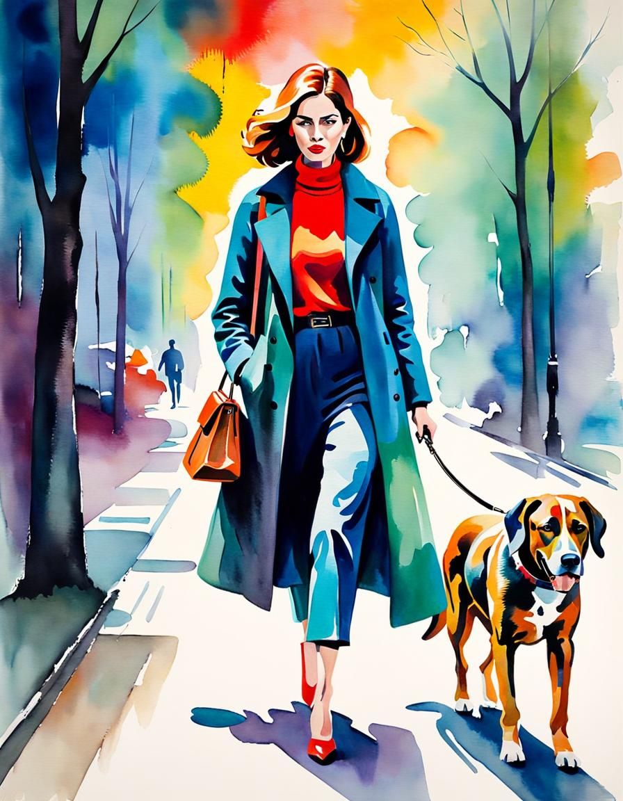 Expressionist Watercolor of Woman Walking Dog
