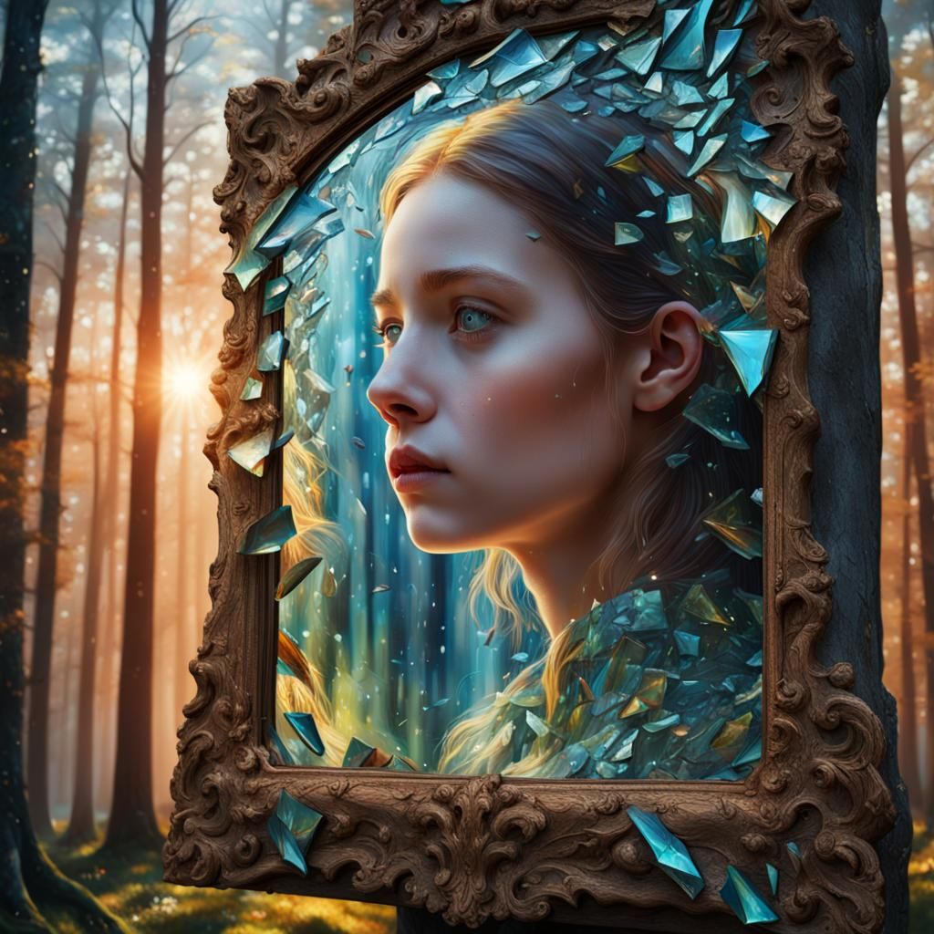 Girl in Forest Mirror: Surreal Dreamlike Oil Painting