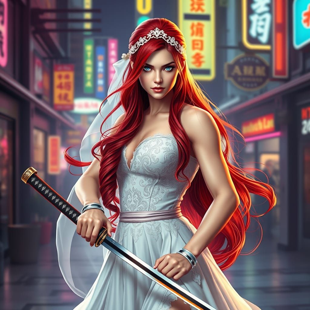 Redhead Katana Bride in Neon City, Synthwave Style