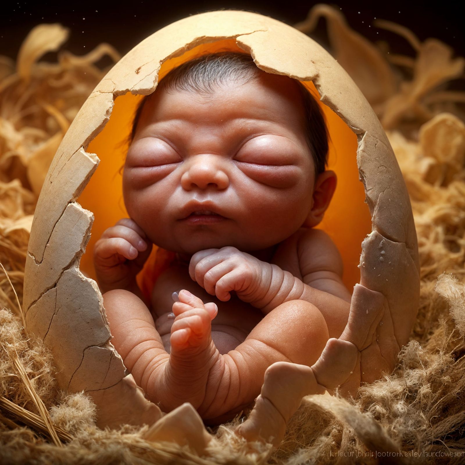 Newborn Baby Hatches from Eggshell in Natural Surroundings