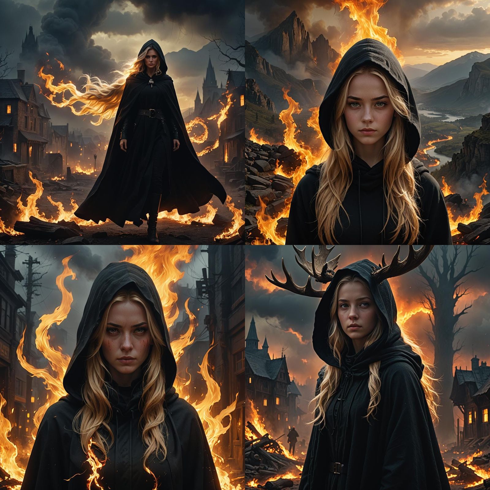 Girl in Cloak with Fiery Backdrop