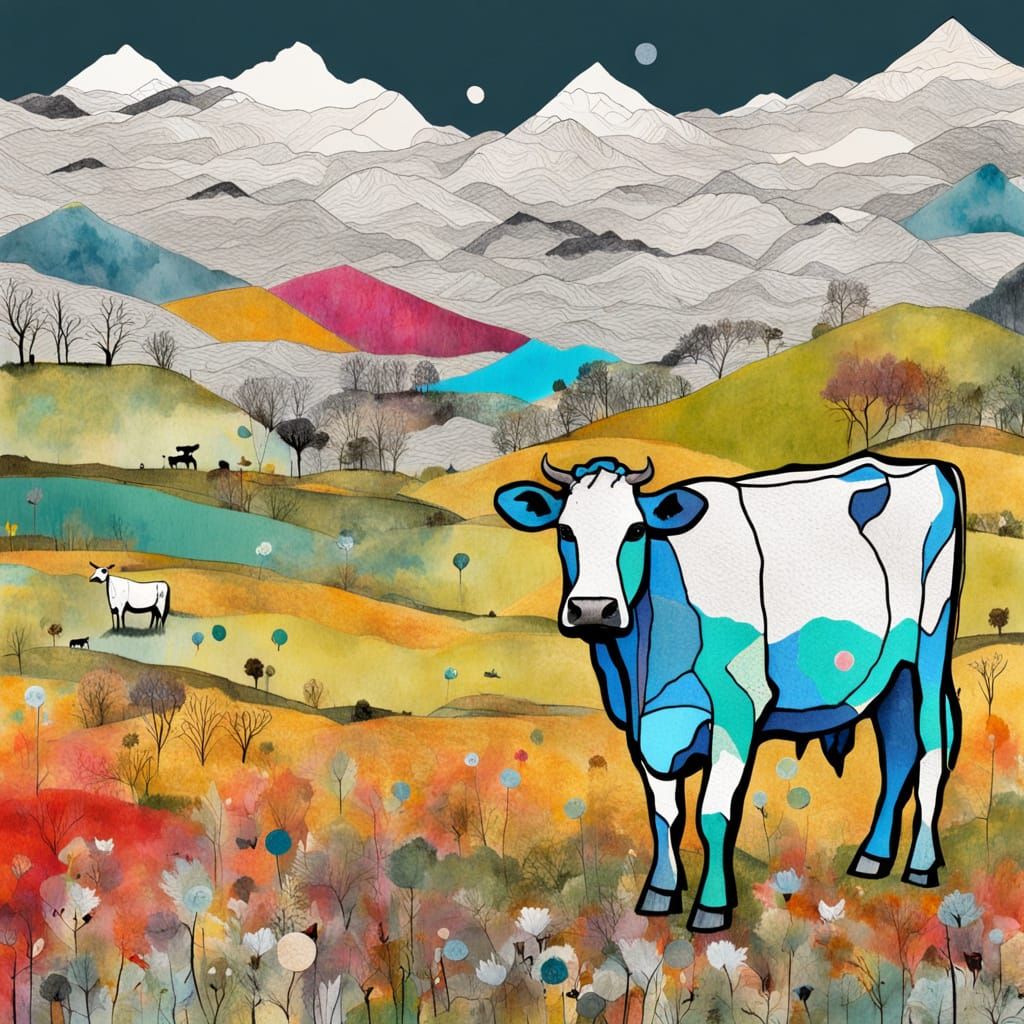 Whimsical Cow in a Vibrant Mountain Meadow