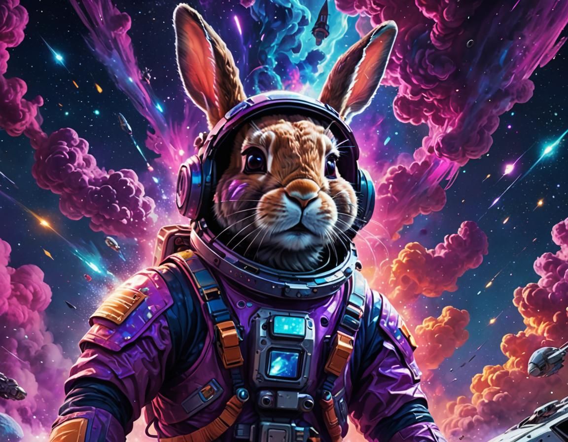 Rabbit Astronaut Piloting Spaceship Through Nebula