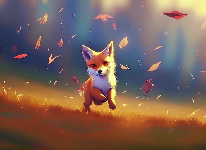 Fox Kit in Autumn Meadow, Airbrush Style