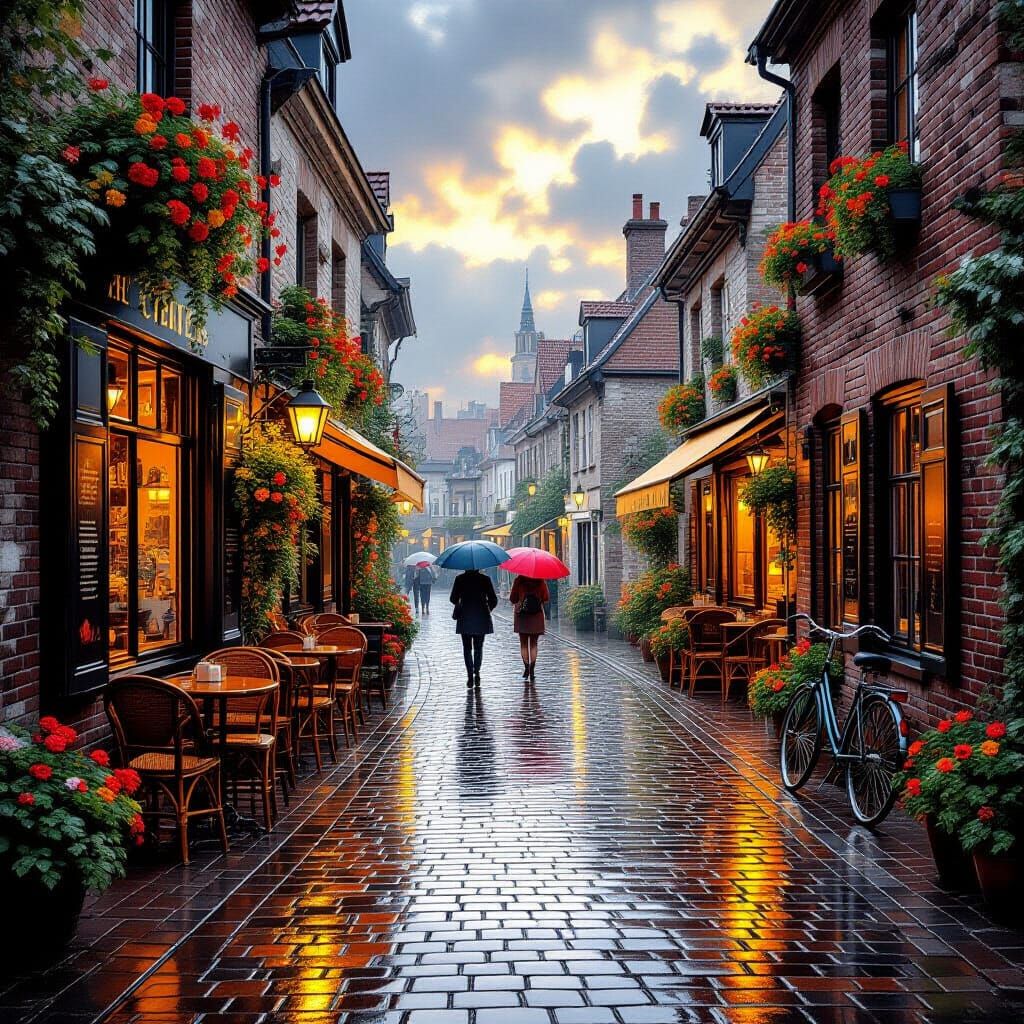 Golden Sunlight on Cobblestone Street After Rain
