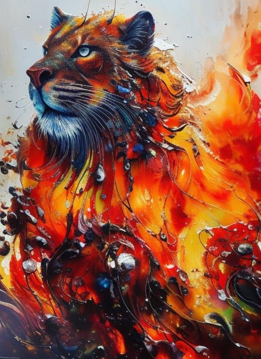 Detailed Fire Lion Gouache Illustration
