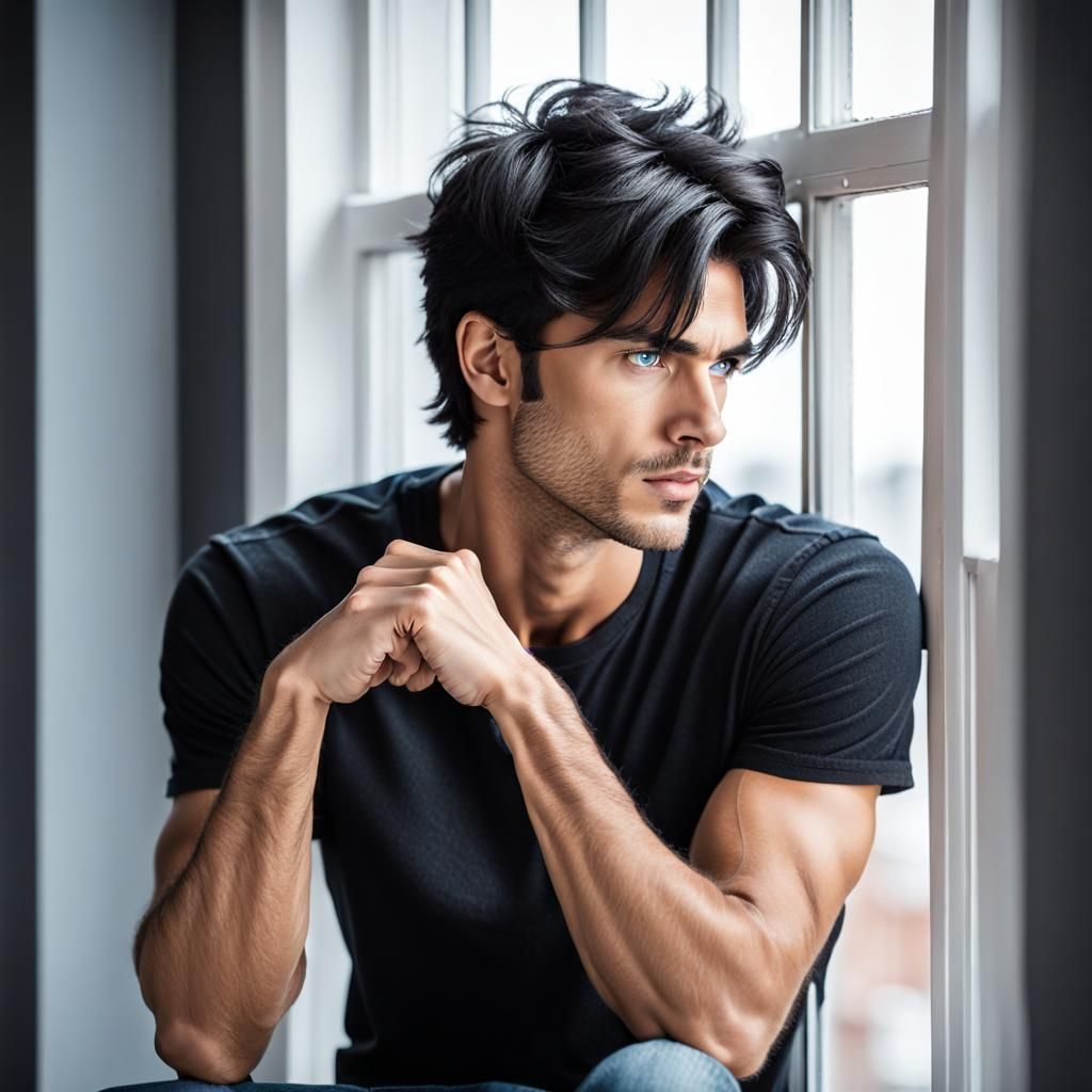 Young Man with Shaggy Hair Gazing Out Window