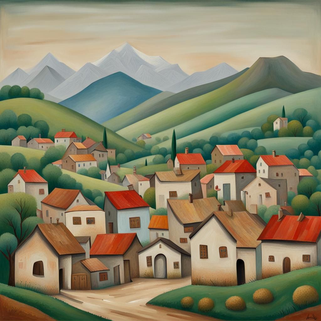Charming Village Scene as Naive Painting