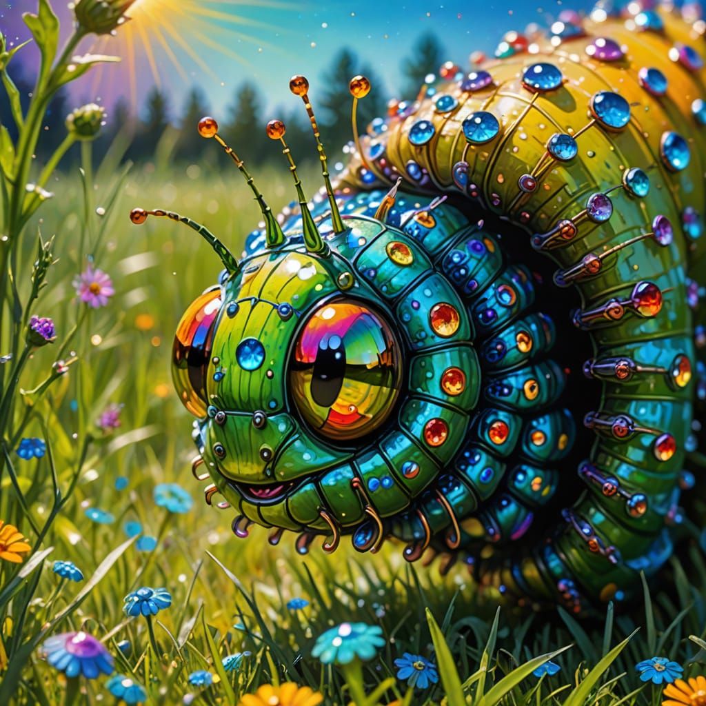 Excited Caterpillar in Surreal Iridescent Meadow