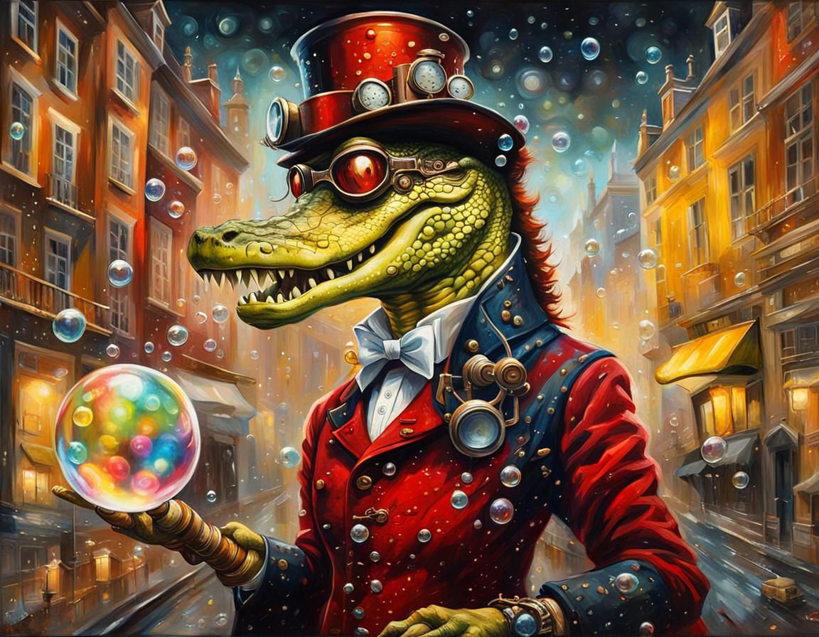 Steampunk Crocodile Blowing Bubbles as Oil Painting