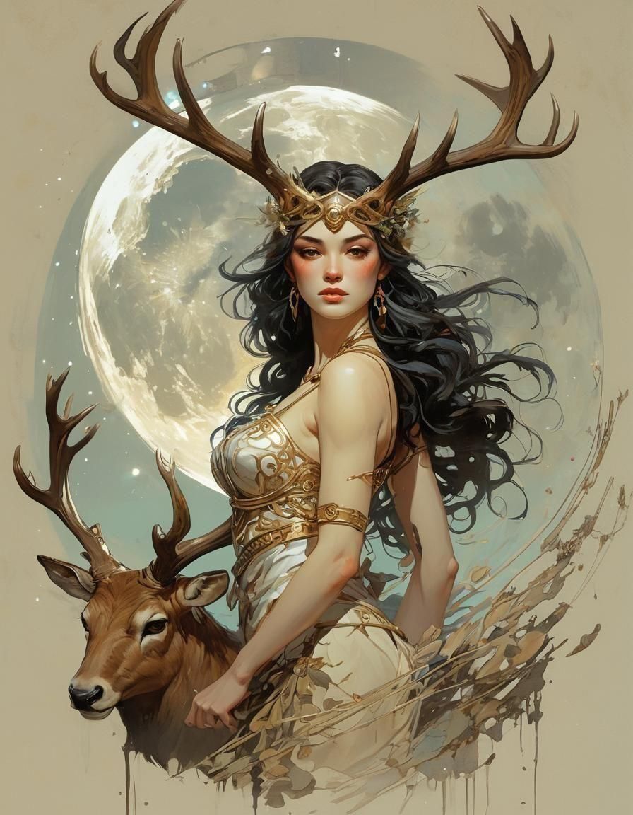 Greek Goddess Artemis with Antlers: Digital Art