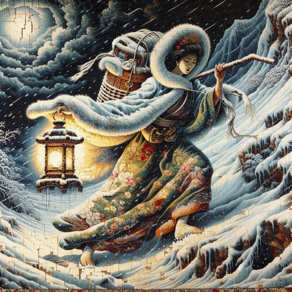 South Asian Warrior in Snowy Storm as Oil Painting