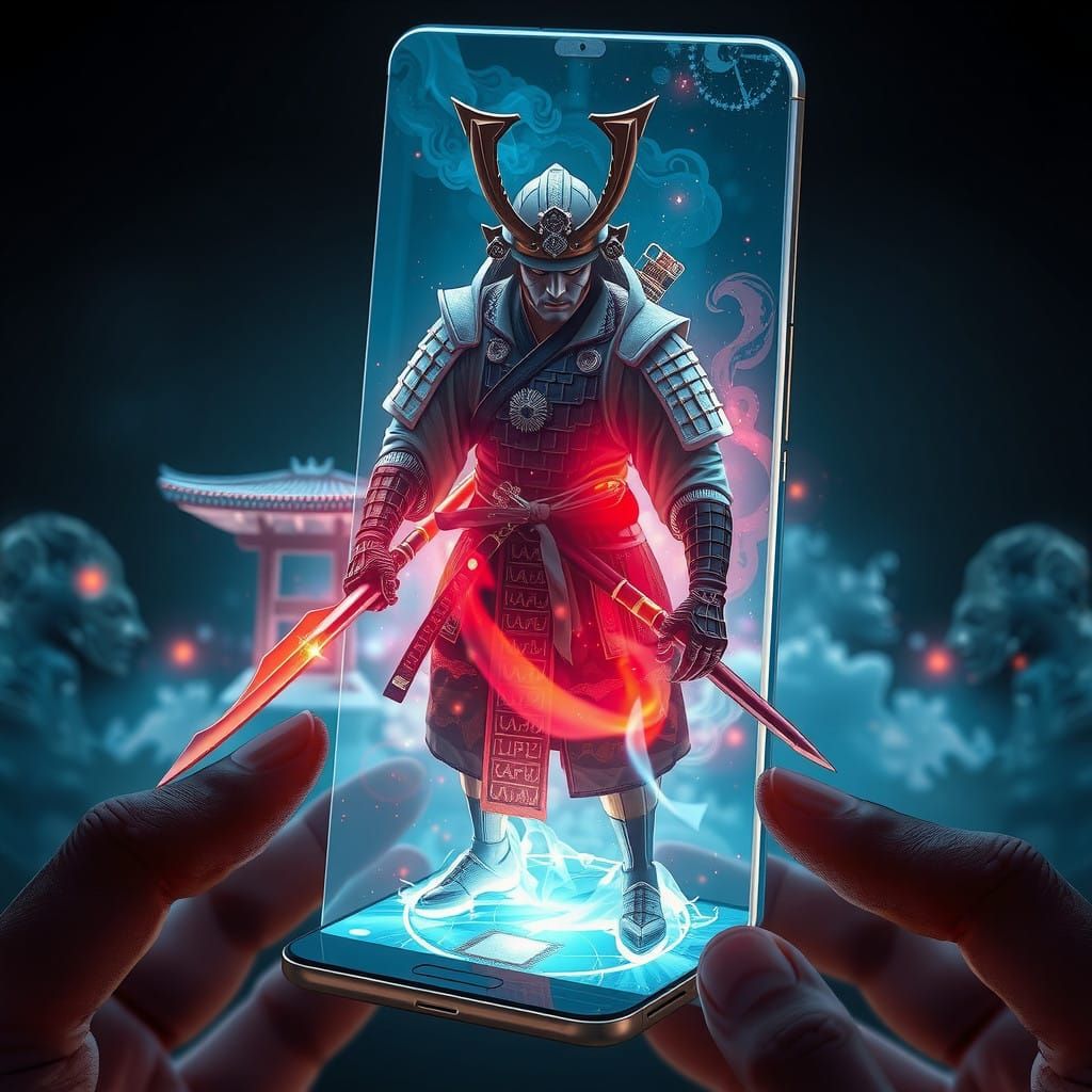 Surreal Samurai Hologram in Futuristic Smartphone