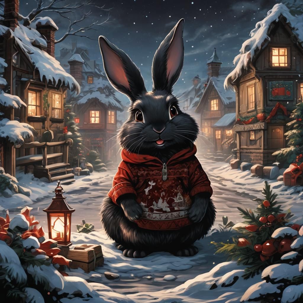 Fluffy Black Chibi Bunny Christmas Comic Art