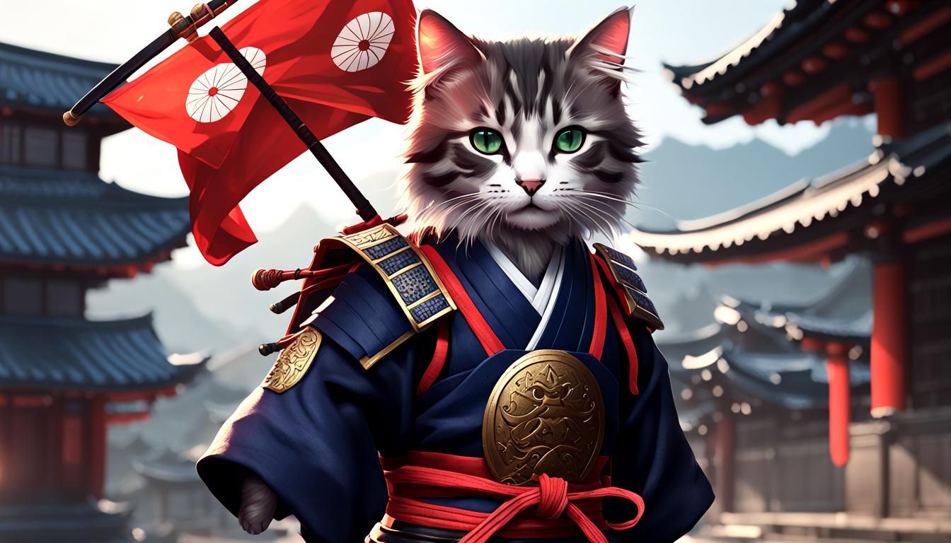 Samurai Kitten in Feudal Japan: 3D Anime Art
