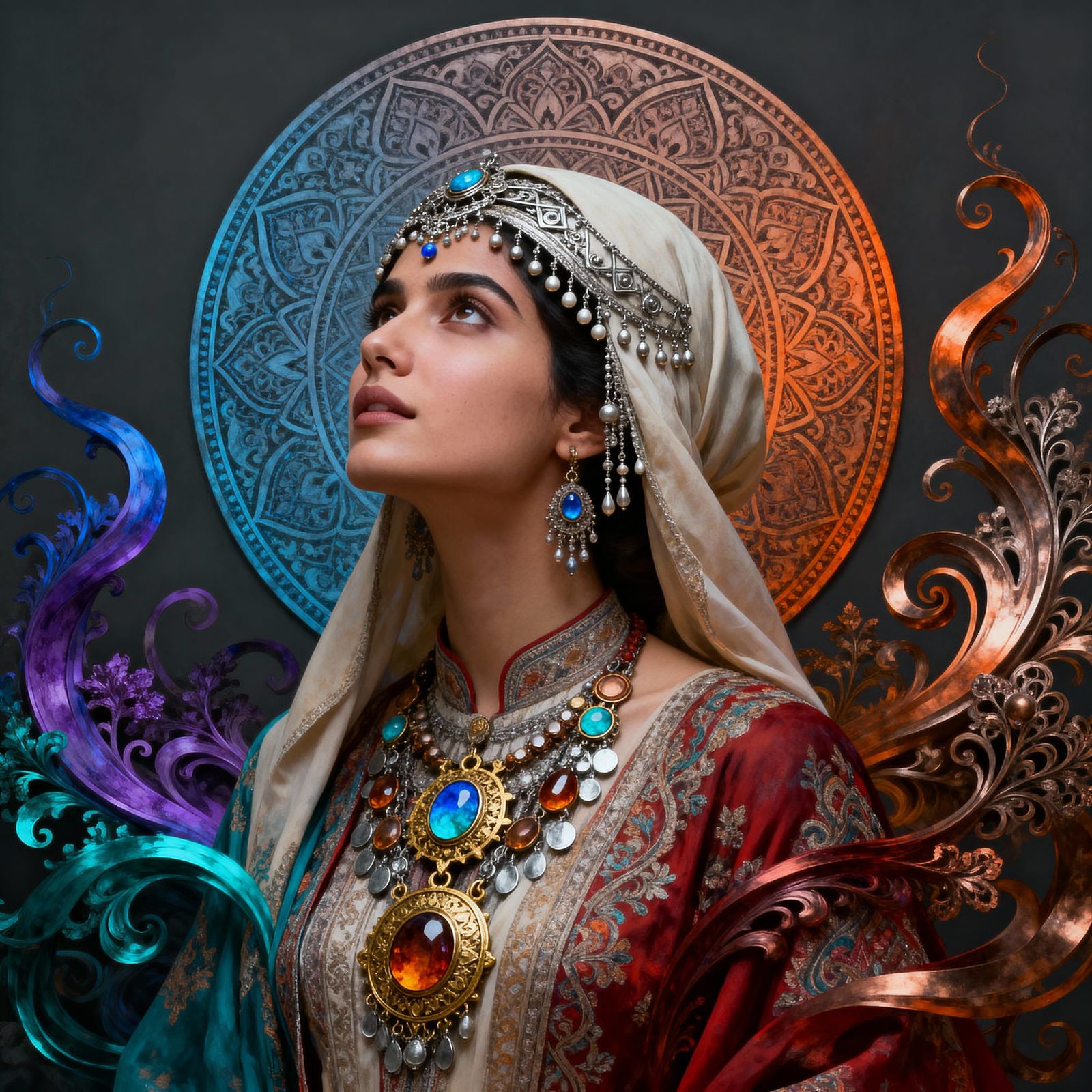 Surreal Portrait of a Woman with Ornate Garments and Mandala...