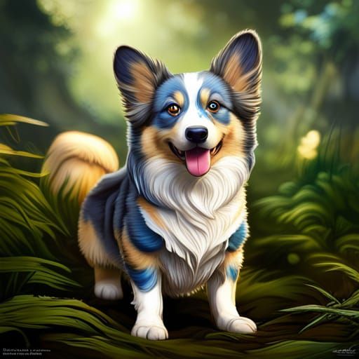 Blue Merle Corgi in Anime Art Style