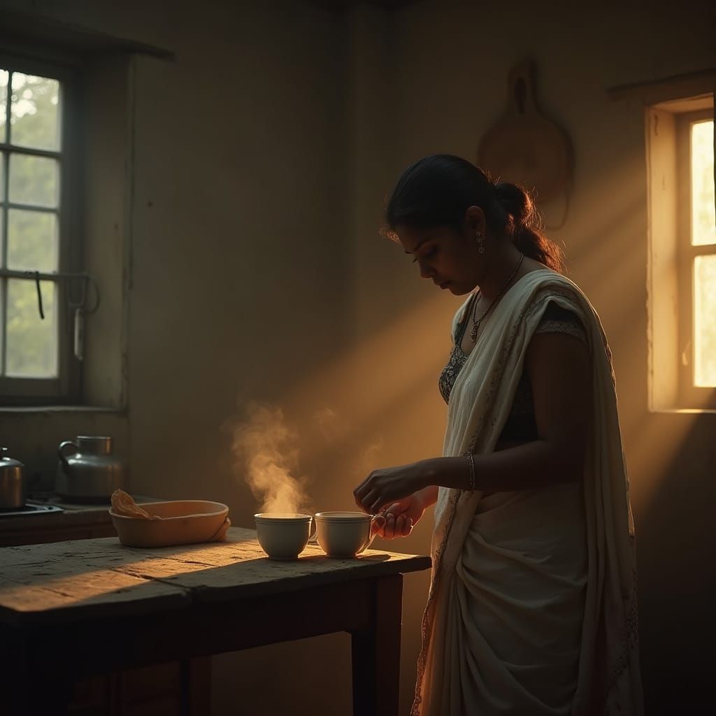 Intimate Bangladeshi Woman in Golden Kitchen Light