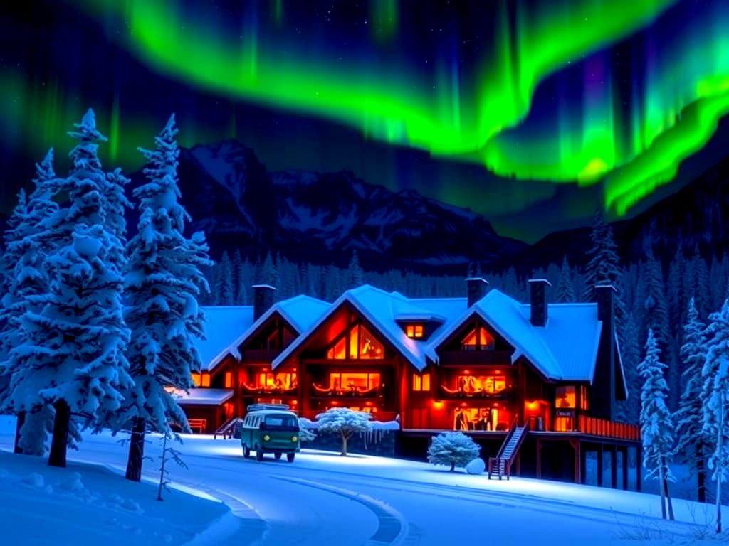 Majestic Winter Lodge Under Northern Lights