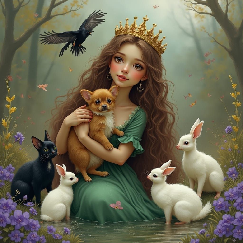 Enchanted Woodland Scene with Regal Woman and Whimsical Crea...