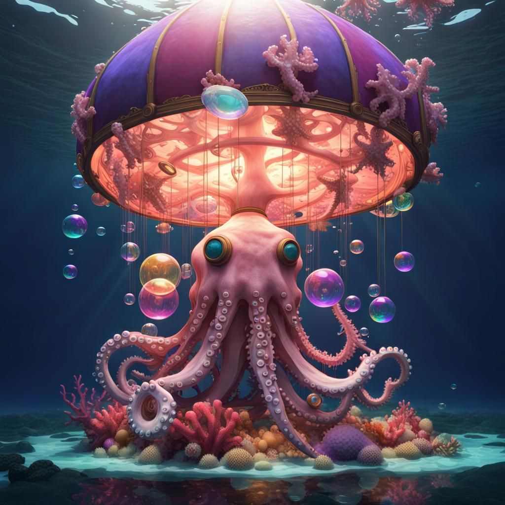 Underwater Carousel with Octopus in Art Nouveau Style