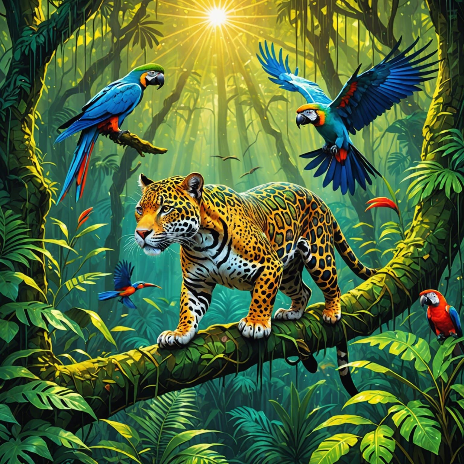 Jaguar and Macaws in Rainforest: Cosmic Illustration