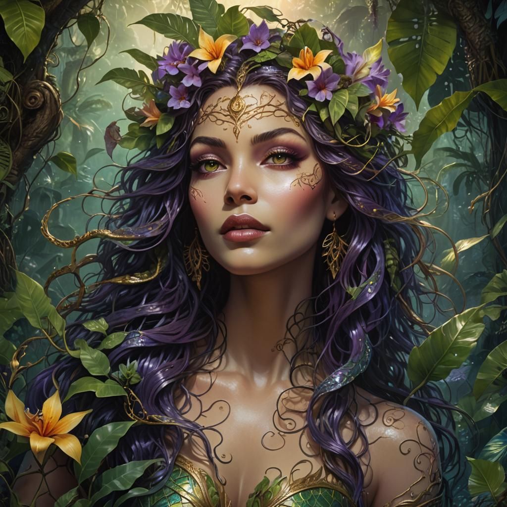 Mystical Siren Song in Tropical Jungle, Fantasy Art
