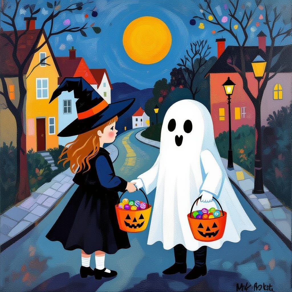 Children in Halloween Costumes Collecting Candy