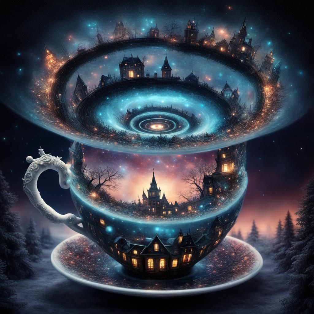 Surreal Christmas Teacup Portal to a Starry Galaxy