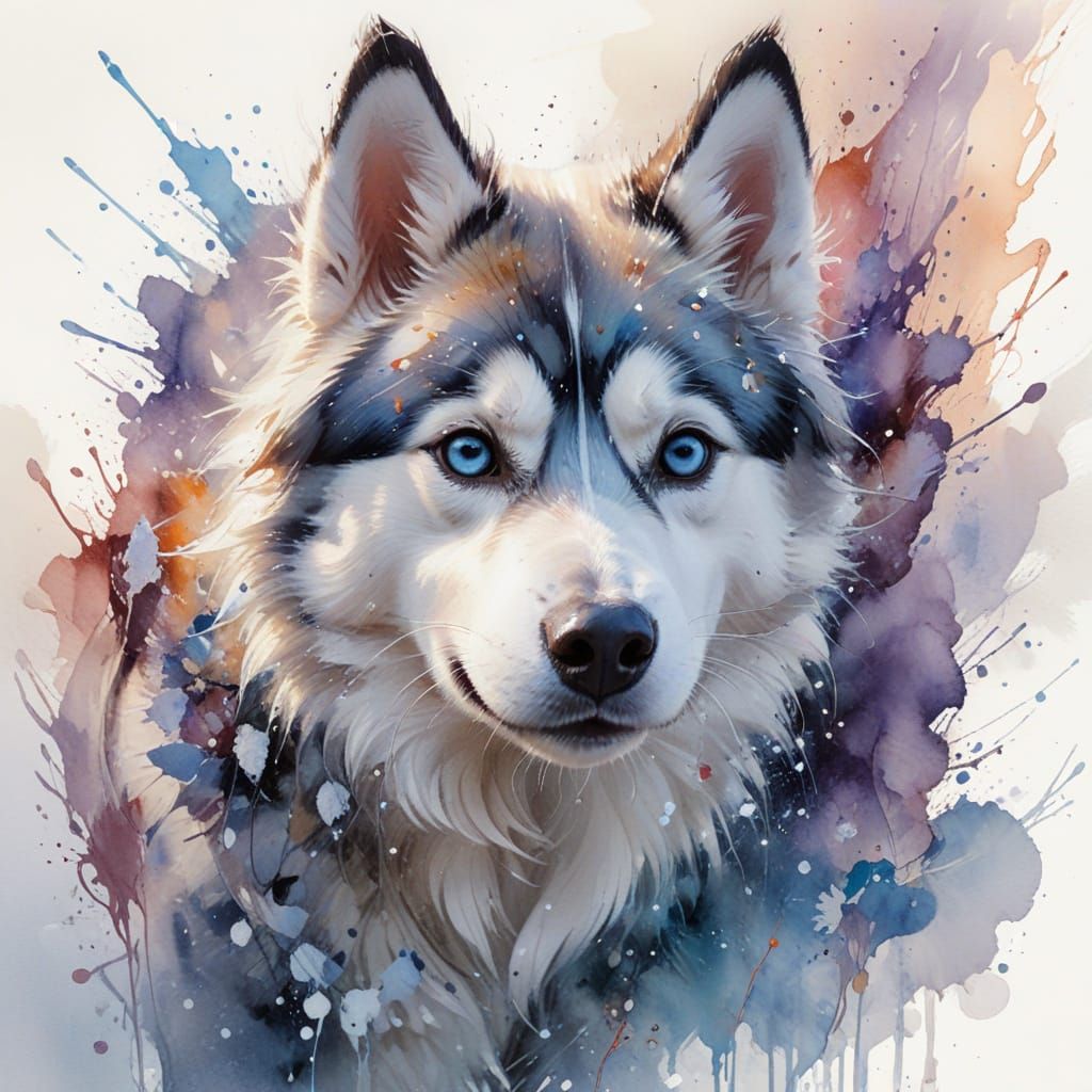 Husky's Joyful Leap at Dawn: Watercolour Art