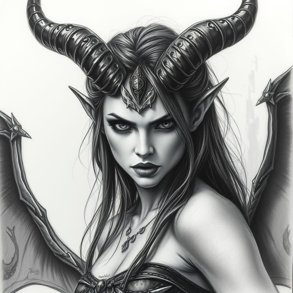 Surreal Demon Goddess in Charcoal Drawing