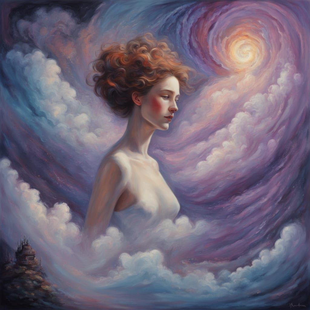 Surreal Oil Painting of a Figure in a Dreamlike Landscape