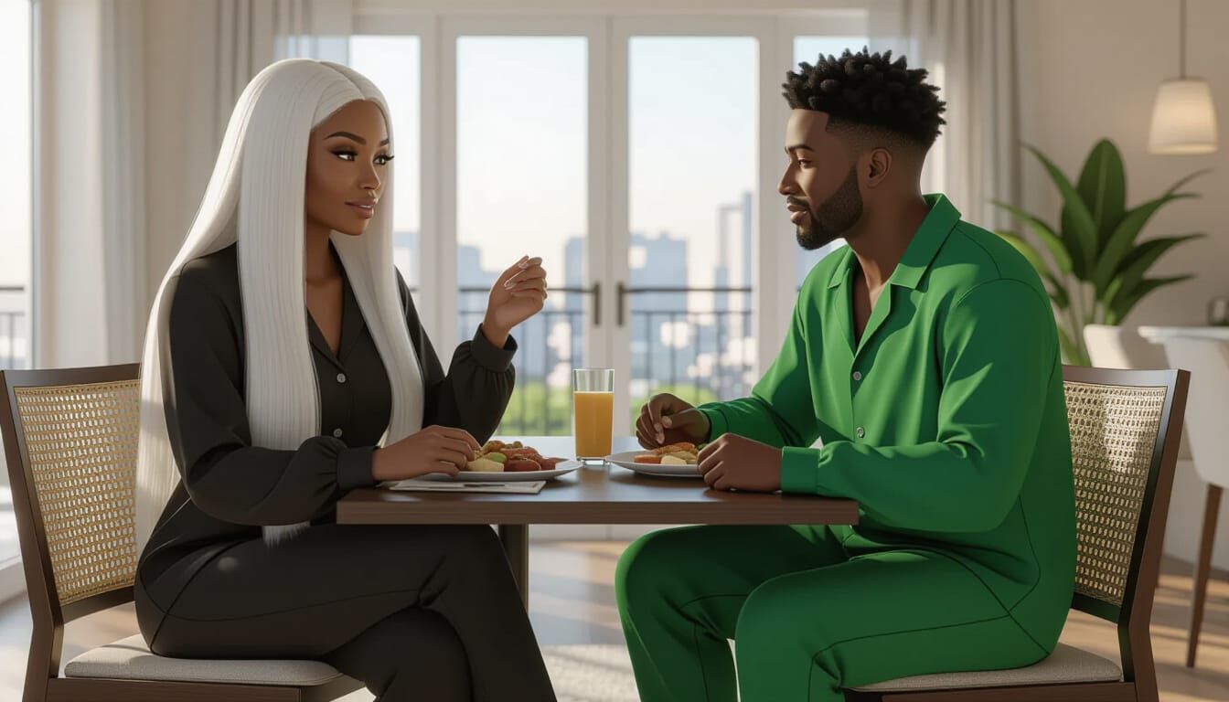 African Couple Eating in Luxury Apartment, Animated Style