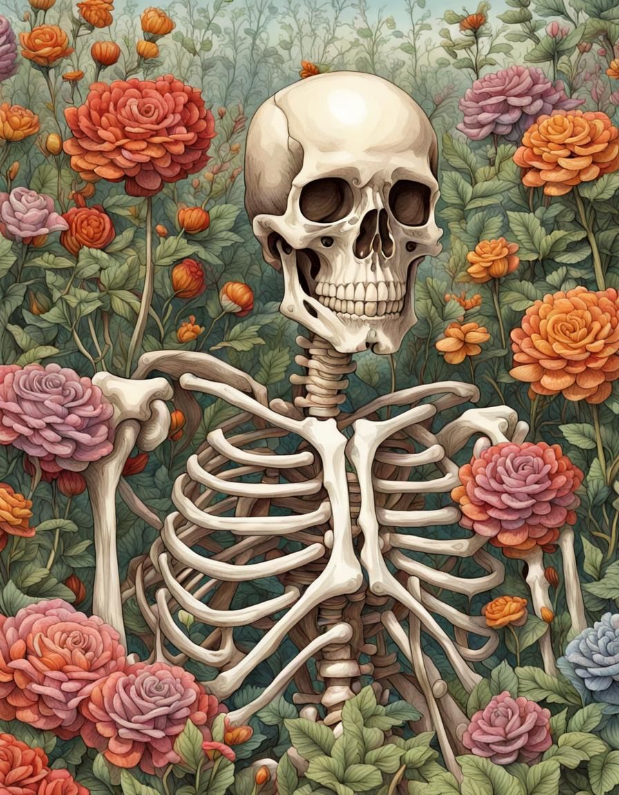 Romantic Skeleton in Garden Book Illustration