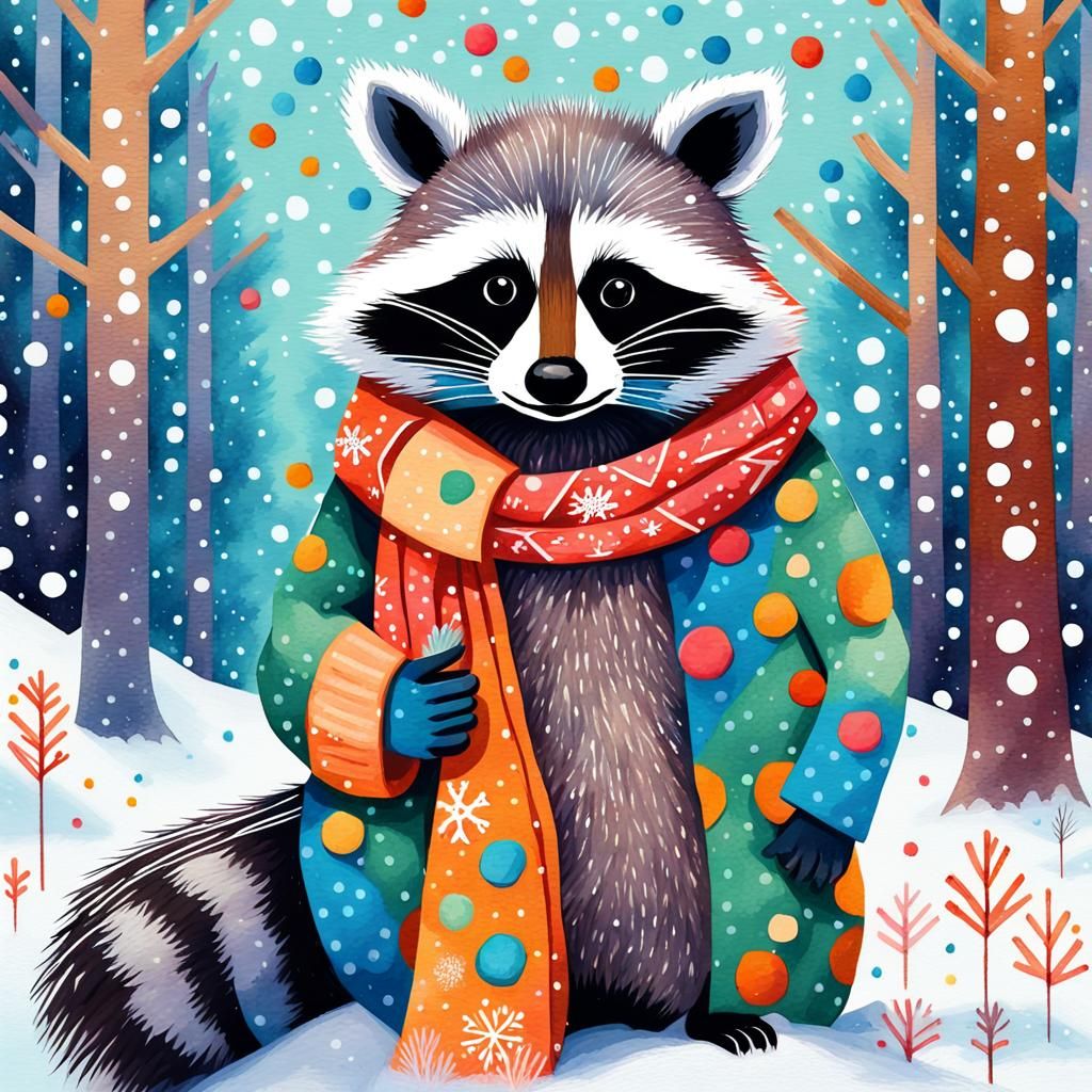 Whimsical Winter Racoon in Gouache Style